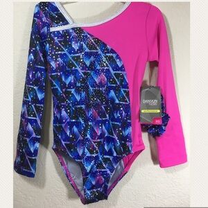 Girl’s Leotard Asymmetrical Print, Pink and Blue, multi-color